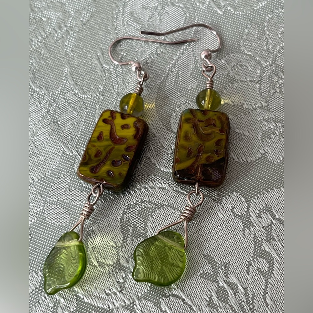 Handmade Sterling Silver Green Glass Dangle Earrings With Glass Leaf Detail